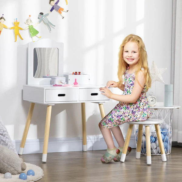 Toucador Infantil Toucador de Madeira Infantil com Banco Espelho e 2 Gavetas Brinquedo Educativo para Crianças de 3-6 Anos 60x40x95cm Branco