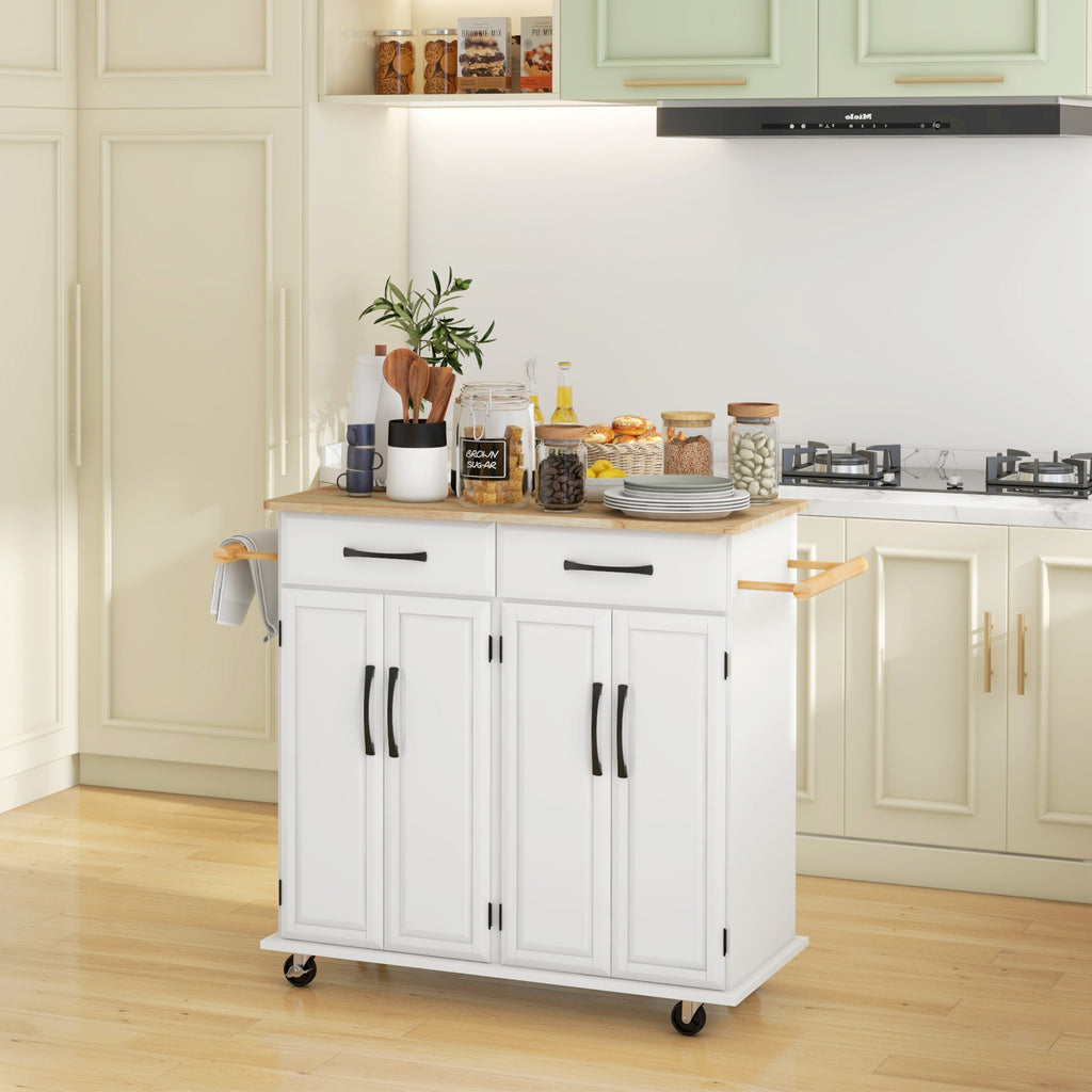 Ilha de Cozinha Carrinho de Cozinha Móvel Auxiliar de Jantar com Rodas 4 Portas 2 Gavetas Toalheiros e Prateleiras Ajustáveis 111x44,5x90,5 cm Branco e Carvalho