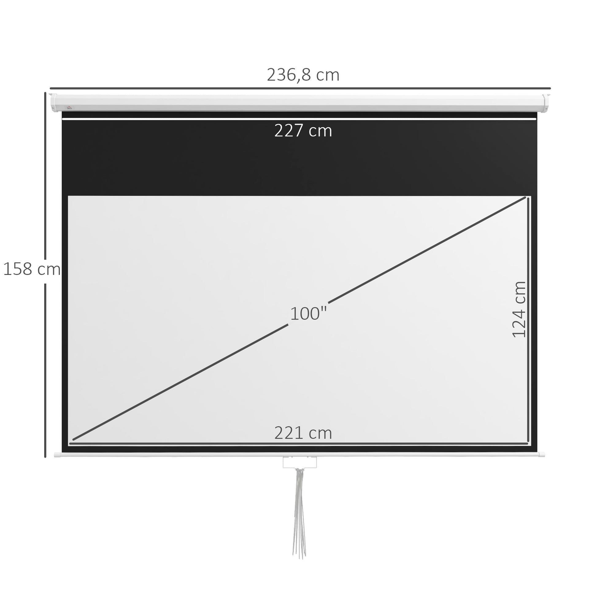 Tela de Projeção Manual 100 Polegadas Tela de Projeção Portátil Formato 16:9 com Altura Ajustável para Interior e Exterior Cinema em Casa 236,8x8x158 cm Branco