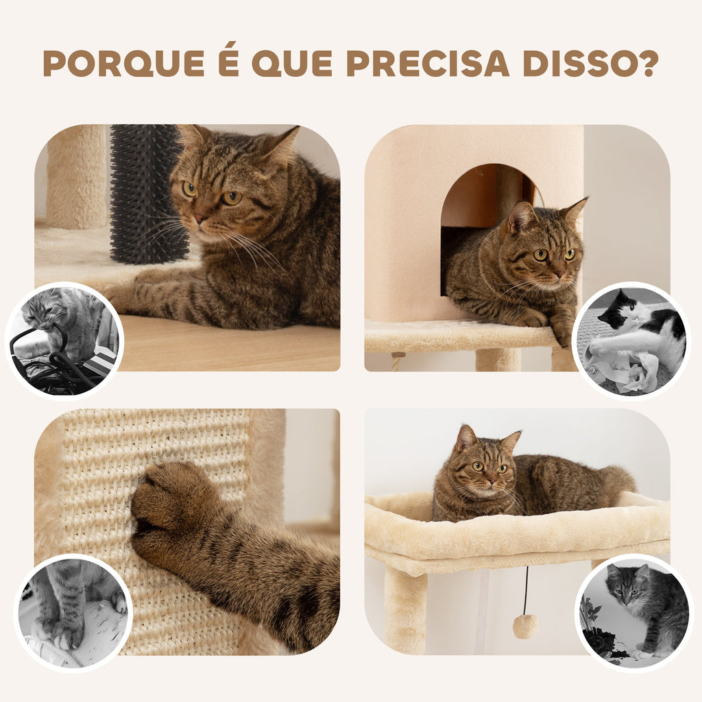 PawHut Arranhador para Gatos Grande Altura 132 cm Arranhador para Gatos com Plataformas Postes com Escova Bolas Suspensas e Almofadas para Arranhar Bege
