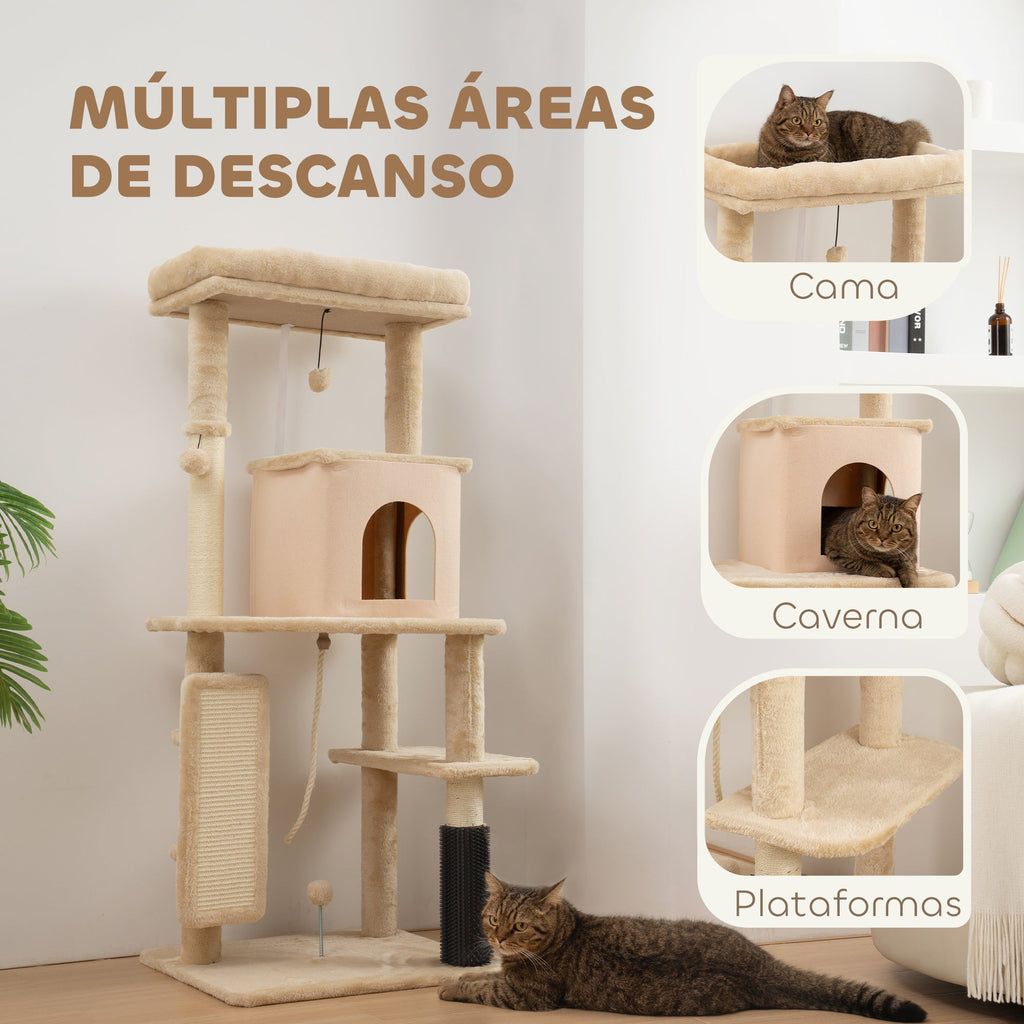 PawHut Arranhador para Gatos Grande Altura 132 cm Arranhador para Gatos com Plataformas Postes com Escova Bolas Suspensas e Almofadas para Arranhar Bege