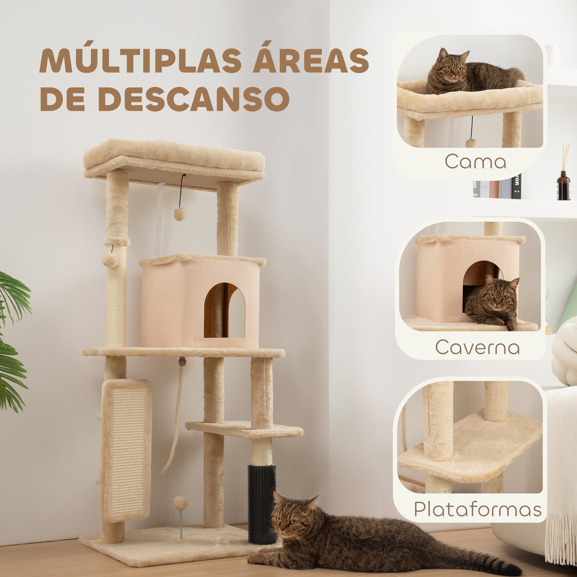 PawHut Arranhador para Gatos Grande Altura 132 cm Arranhador para Gatos com Plataformas Postes com Escova Bolas Suspensas e Almofadas para Arranhar Bege