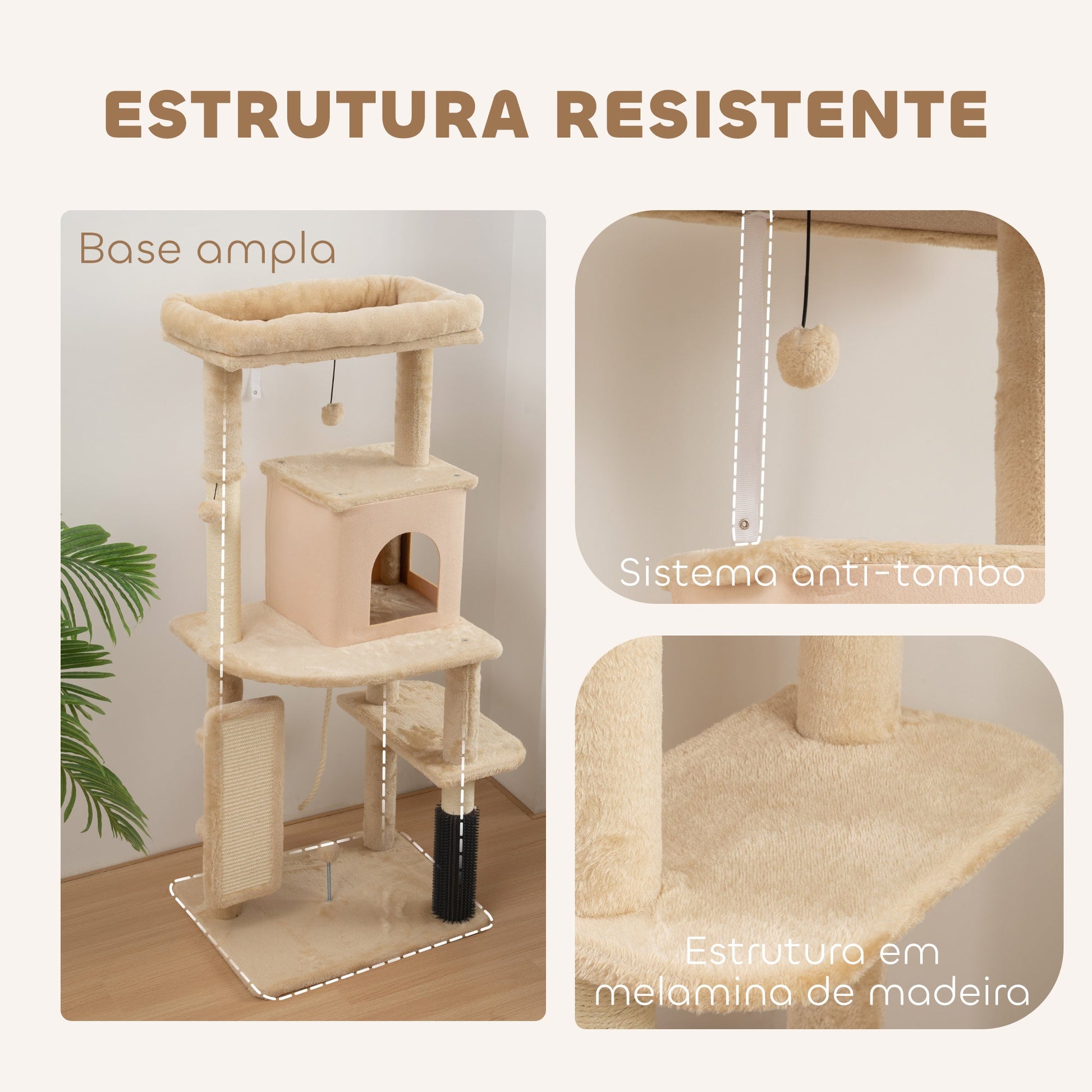 PawHut Arranhador para Gatos Grande Altura 132 cm Arranhador para Gatos com Plataformas Postes com Escova Bolas Suspensas e Almofadas para Arranhar Bege