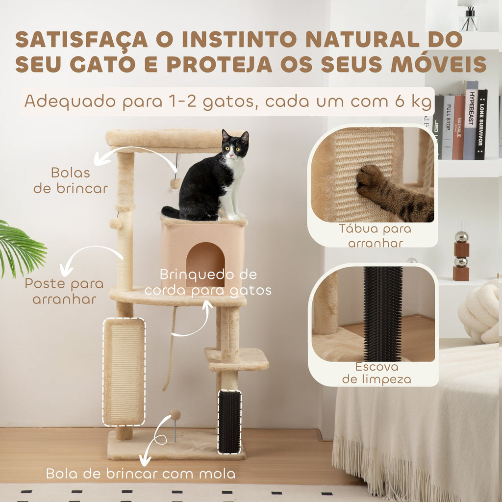PawHut Arranhador para Gatos Grande Altura 132 cm Arranhador para Gatos com Plataformas Postes com Escova Bolas Suspensas e Almofadas para Arranhar Bege