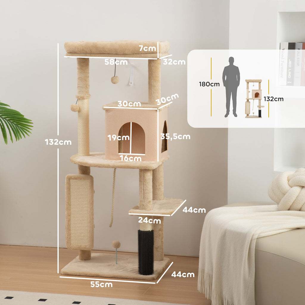 PawHut Arranhador para Gatos Grande Altura 132 cm Arranhador para Gatos com Plataformas Postes com Escova Bolas Suspensas e Almofadas para Arranhar Bege