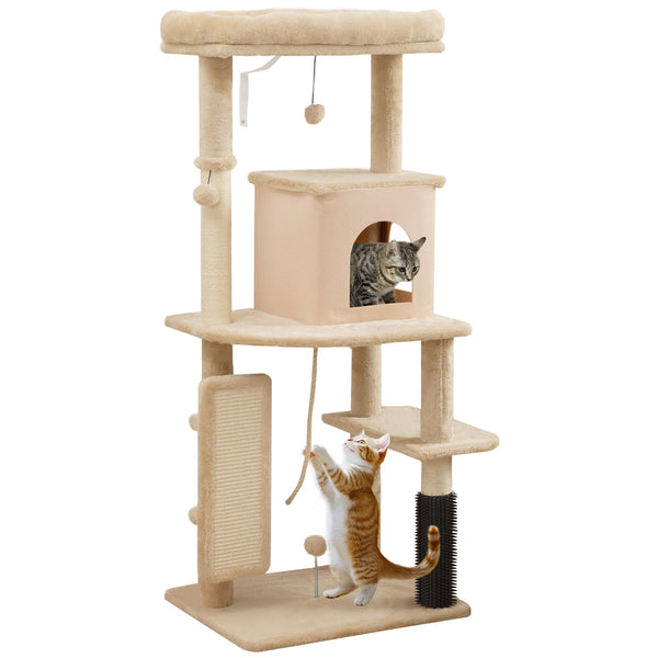 PawHut Arranhador para Gatos Grande Altura 132 cm Arranhador para Gatos com Plataformas Postes com Escova Bolas Suspensas e Almofadas para Arranhar Bege