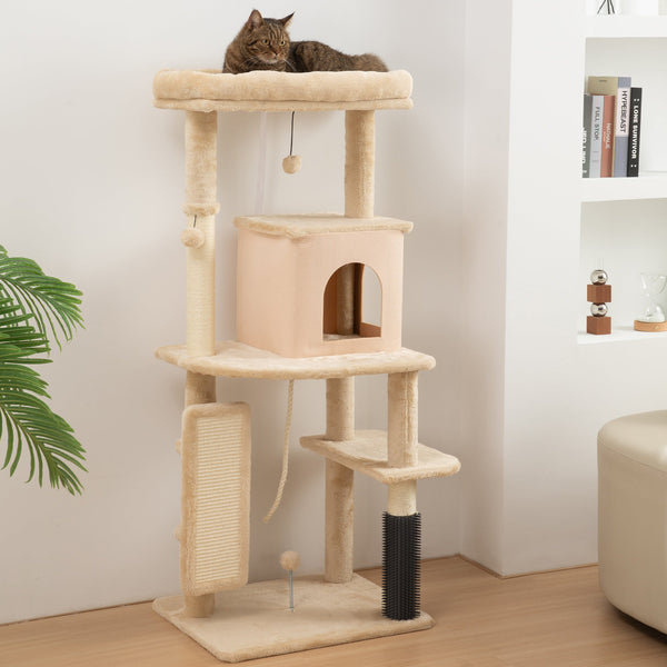PawHut Arranhador para Gatos Grande Altura 132 cm Arranhador para Gatos com Plataformas Postes com Escova Bolas Suspensas e Almofadas para Arranhar Bege