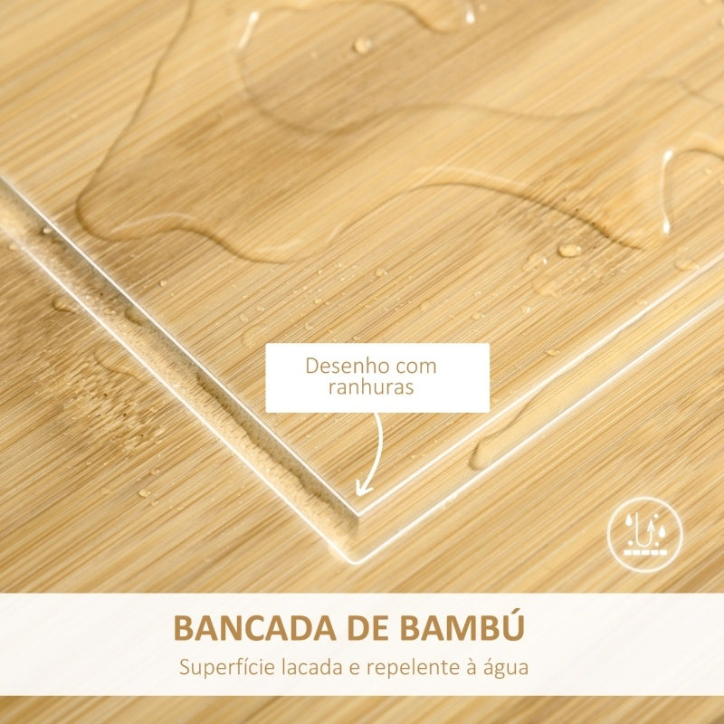 Carrinho de Cozinha com Rodas Carro de Armazenamento Multiúso com Bancada de Bambu Gaveta Cesta Metálica e Armário de 2 Portas de Persiana 58x37x83cm Branco