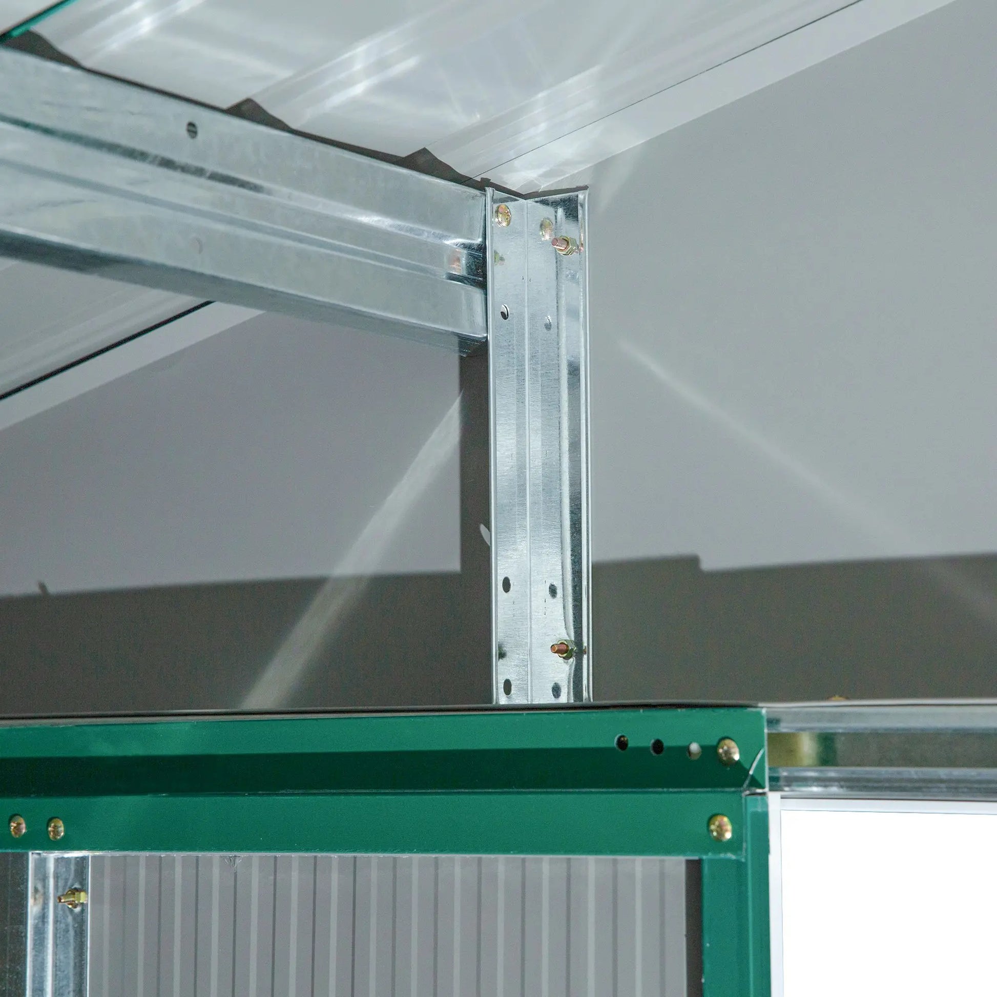 Abrigo de Jardim Metálico 340x386x200cm Abrigo de Exterior para Armazenamento de Ferramentas com Base de Reforço Incluida 4 Janelas de Ventilação e Porta Corredeira Verde