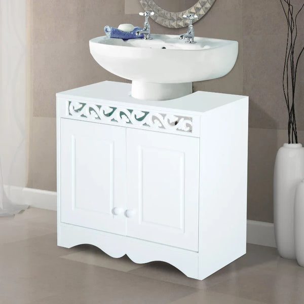 Armário de Banheiro tipo Base para Lavatório com 2 Portas e Prateleiras Design Moderno de Madeira Branco 60x30x56cm