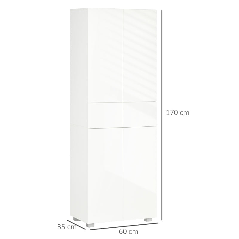 Armário de Cozinha Móvel Auxiliar de Cozinha com 4 Portas 2 Gavetas e Prateleiras Ajustáveis para Sala de Jantar Sala de Estar Estilo Moderno Anti-Tombo 60x35x170cm Branco