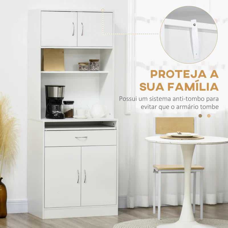 Armário de Cozinha Móvel Auxiliar de Cozinha com 4 Portas Bandeja Amovível Prateleira Ajustável Gaveta e Bancada para Micro-Ondas 70x40x180 cm Branco