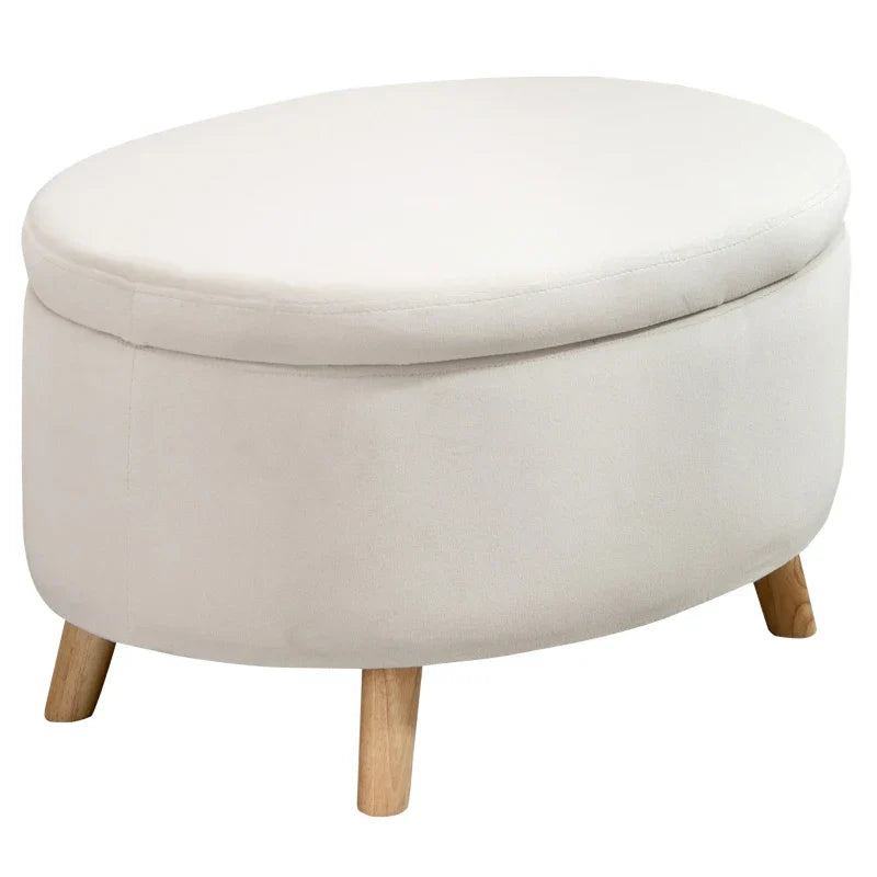 Otomano Puff Estofado em Veludo Acolchoado Banco de Armazenamento com Tampa Removível e Pés de Madeira para Dormitórios Sala de Estar Corredor 71x51,5x42 Bege