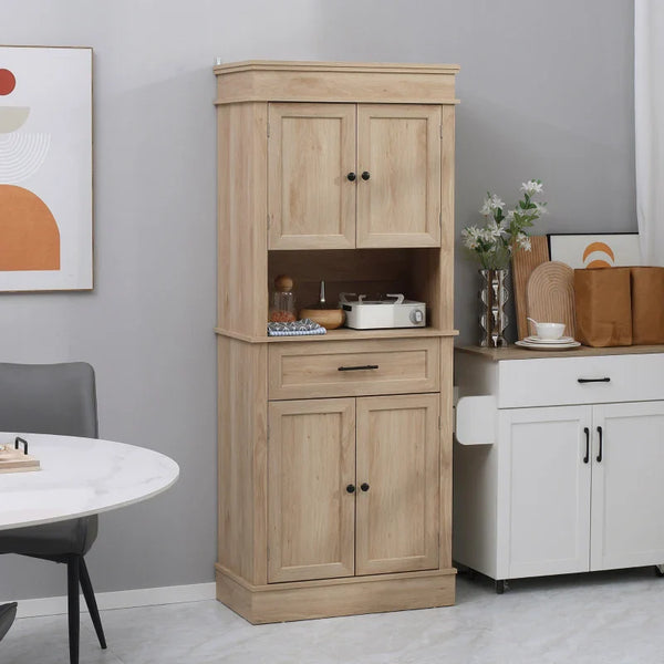 Armário de Cozinha Móvel Auxiliar de Cozinha com 4 Portas 1 Gaveta e Prateleira Aberta para Sala de Estar Sala de Jantar 74x39,5x183cm Carvalho