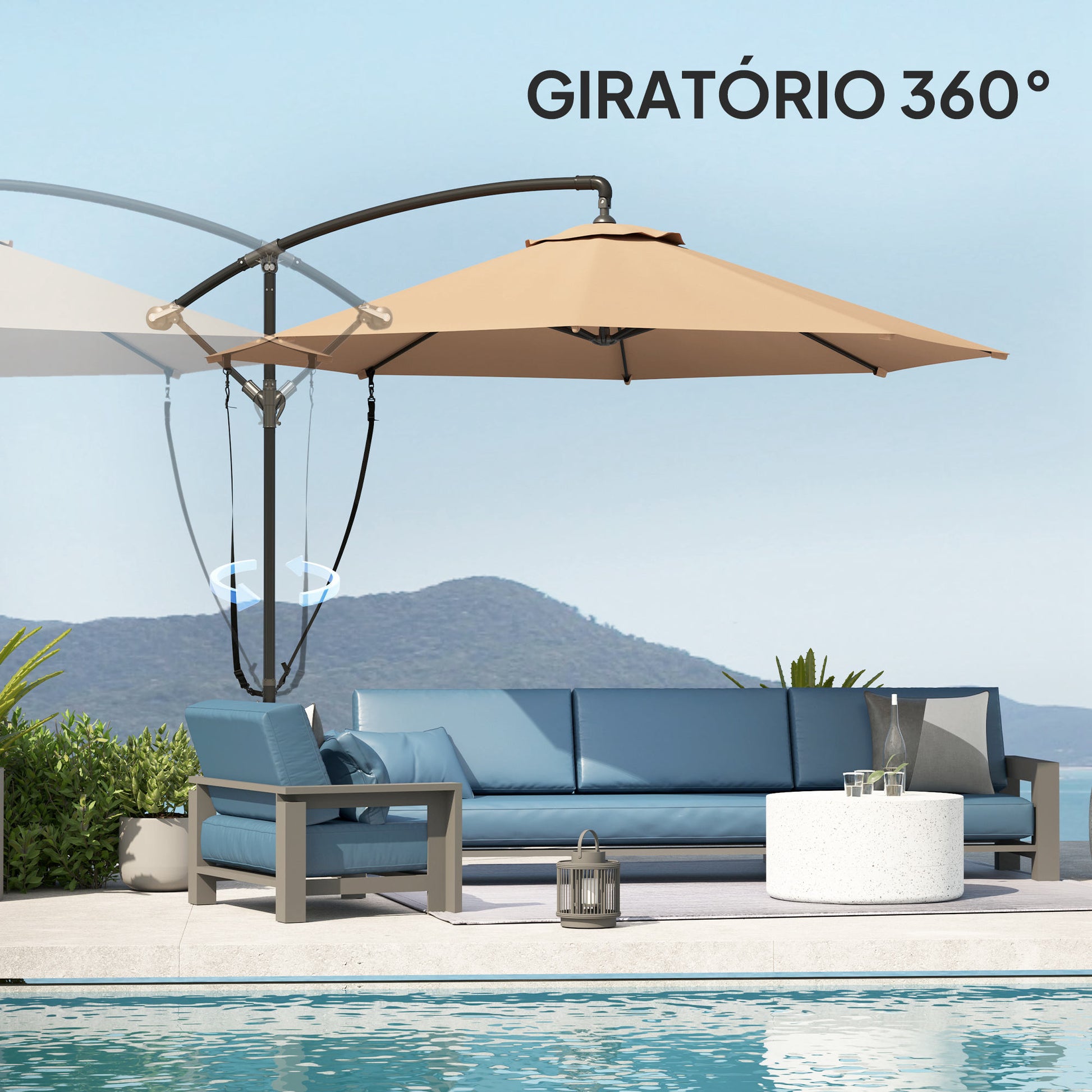 Chapéu de Sol Excêntrico Ø 290 cm Chapéu de Sol de Jardim com Base Cruzada Manivela Capa de Proteção e Corda de Vento Anti UV 50+ Chapéu de Sol para Varanda Cáqui