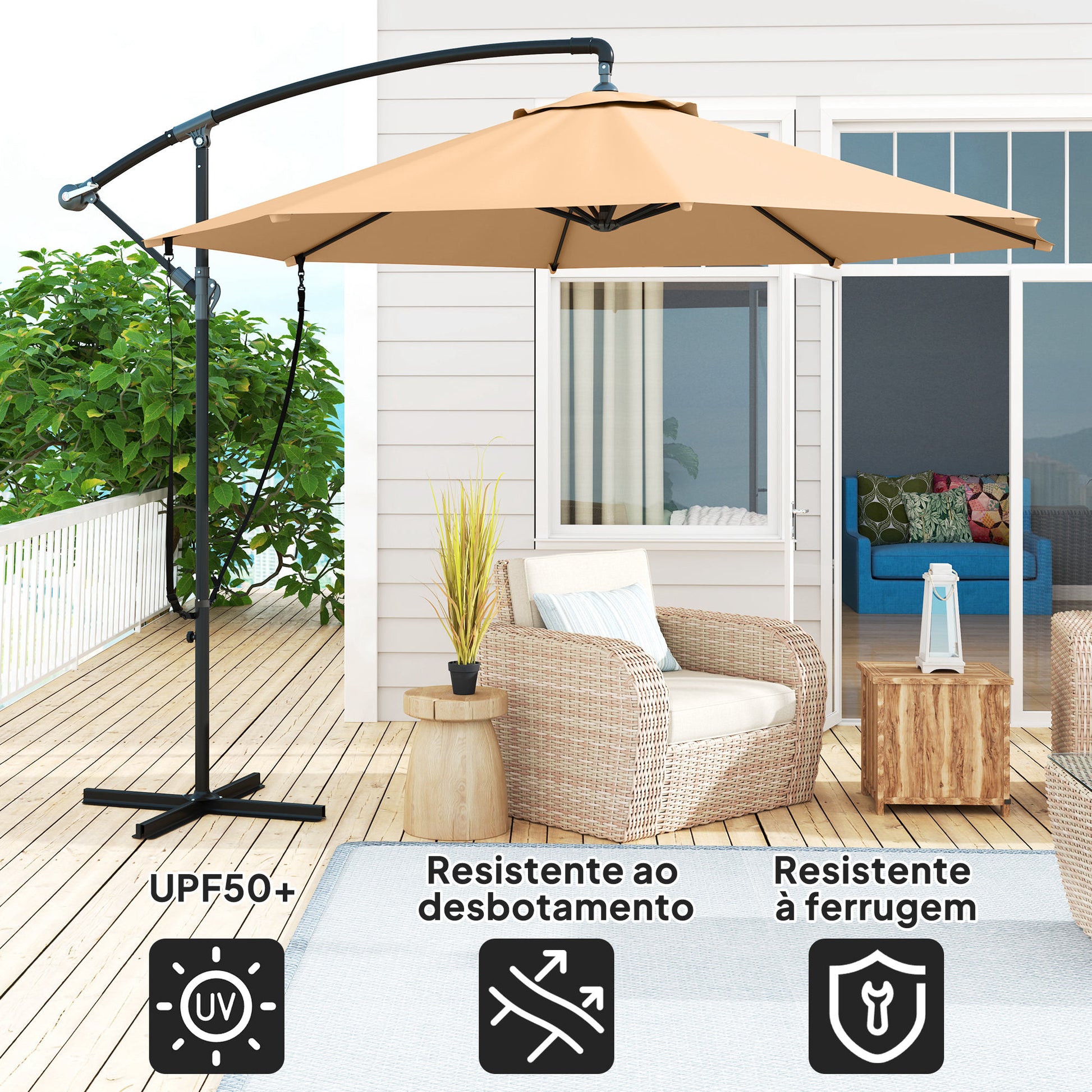 Chapéu de Sol Excêntrico Ø 290 cm Chapéu de Sol de Jardim com Base Cruzada Manivela Capa de Proteção e Corda de Vento Anti UV 50+ Chapéu de Sol para Varanda Cáqui