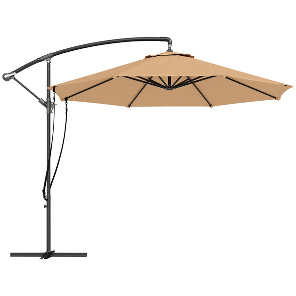 Chapéu de Sol Excêntrico Ø 290 cm Chapéu de Sol de Jardim com Base Cruzada Manivela Capa de Proteção e Corda de Vento Anti UV 50+ Chapéu de Sol para Varanda Cáqui