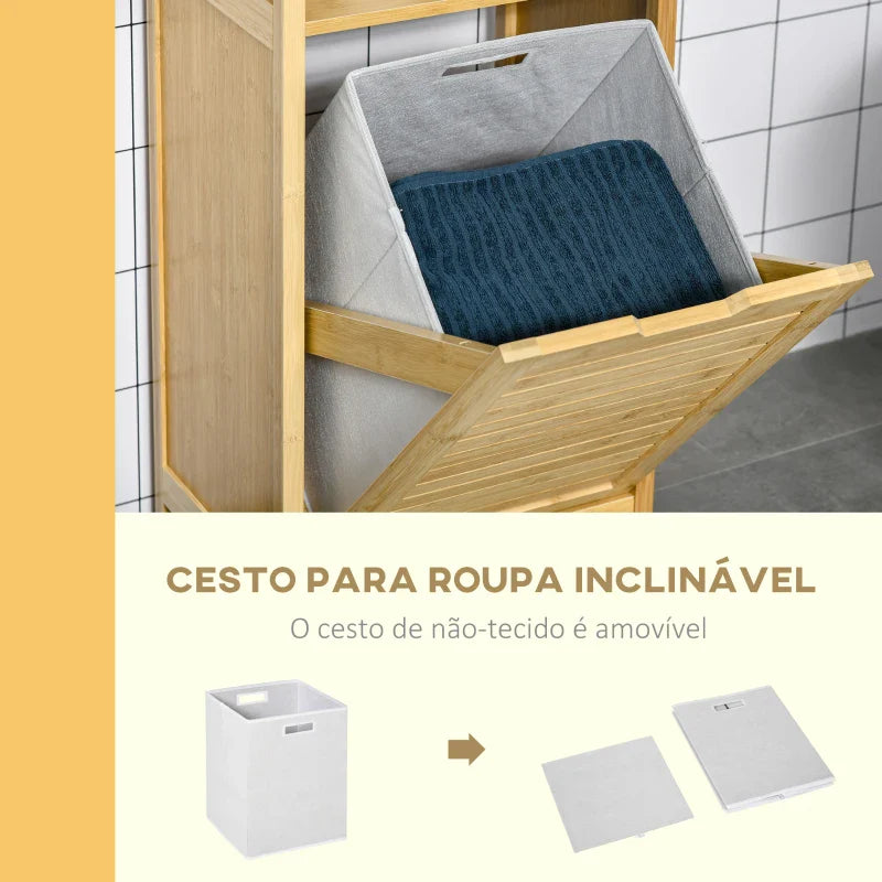 kleanklin Cesto para Roupa de Bambú Armário para Casa de Banho com 2 Prateleiras 1 Cesta de Tecido Removível Móvel de Armazenamento para Sala de Estar Cozinha 40x30x86,5 Natural