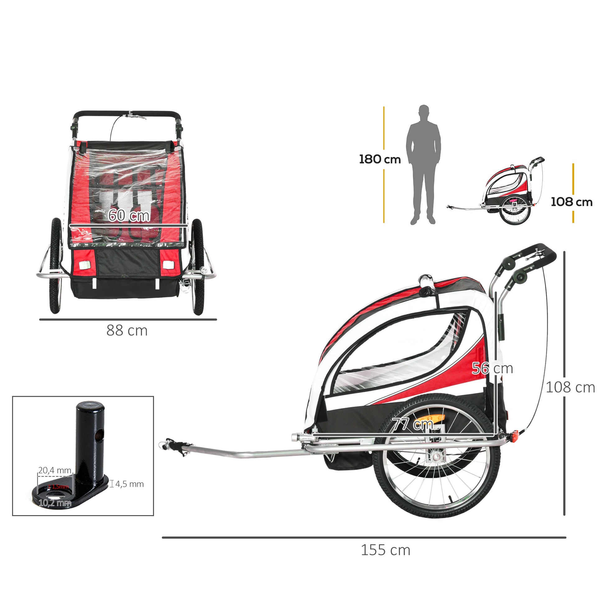 2 em 1 Reboque de Bicicleta Infantil de 2 Lugares Convertível em Carrinho de Passeio com Roda Dianteira Giratória a 360° Vermelho