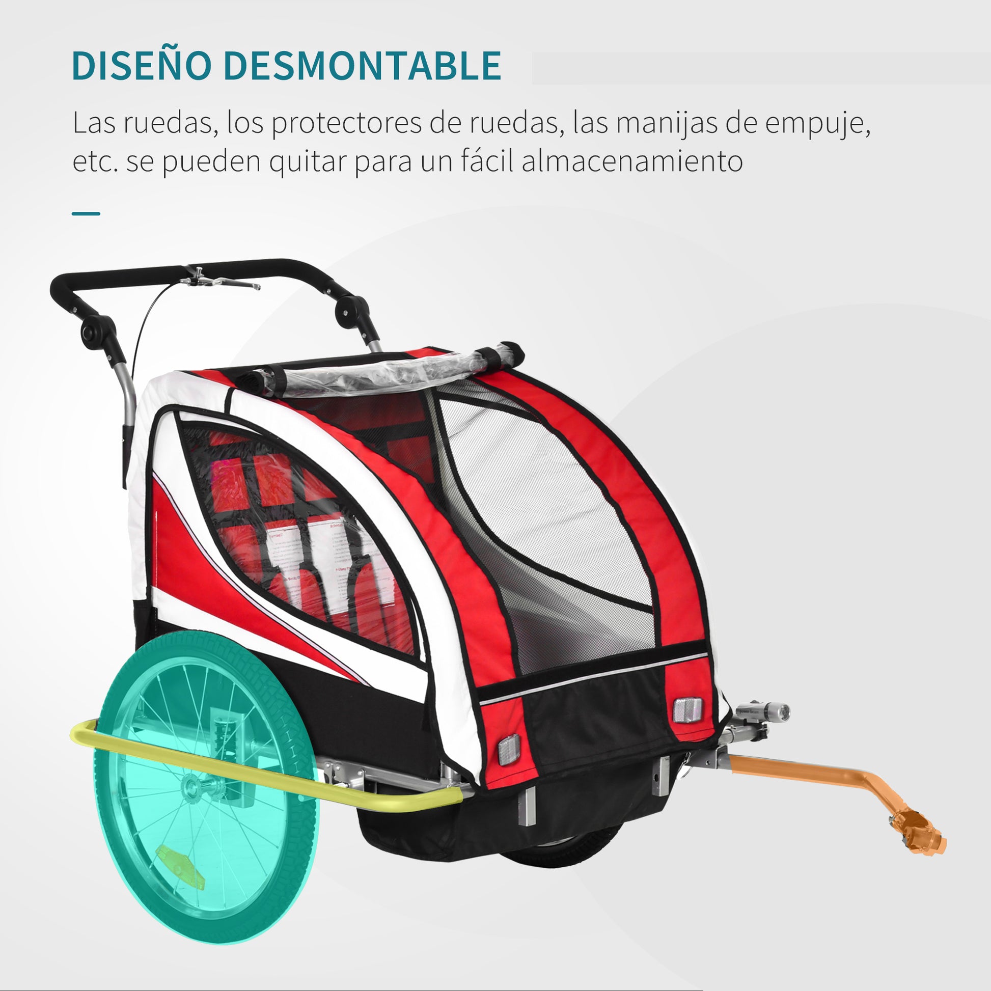2 em 1 Reboque de Bicicleta Infantil de 2 Lugares Convertível em Carrinho de Passeio com Roda Dianteira Giratória a 360° Vermelho