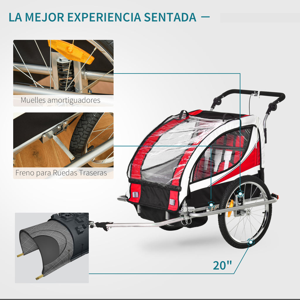 2 em 1 Reboque de Bicicleta Infantil de 2 Lugares Convertível em Carrinho de Passeio com Roda Dianteira Giratória a 360° Vermelho