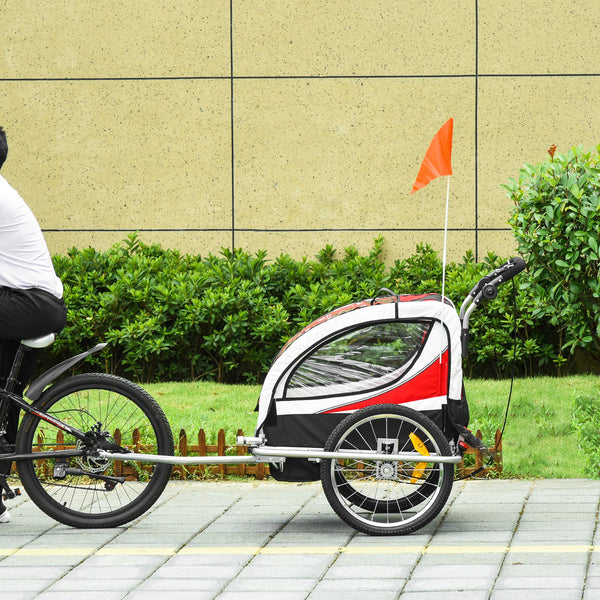 2 em 1 Reboque de Bicicleta Infantil de 2 Lugares Convertível em Carrinho de Passeio com Roda Dianteira Giratória a 360° Vermelho