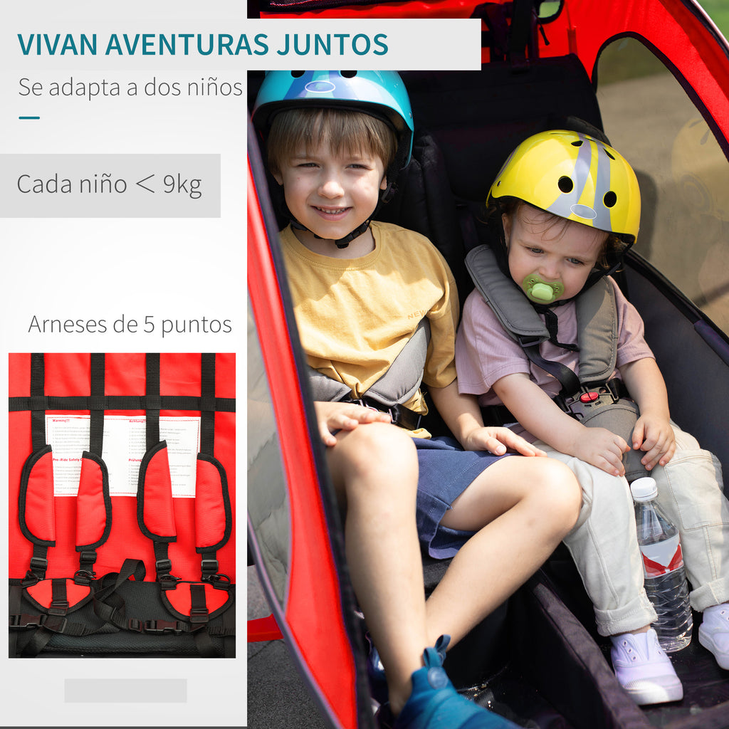 2 em 1 Reboque de Bicicleta Infantil de 2 Lugares Convertível em Carrinho de Passeio com Roda Dianteira Giratória a 360° Vermelho