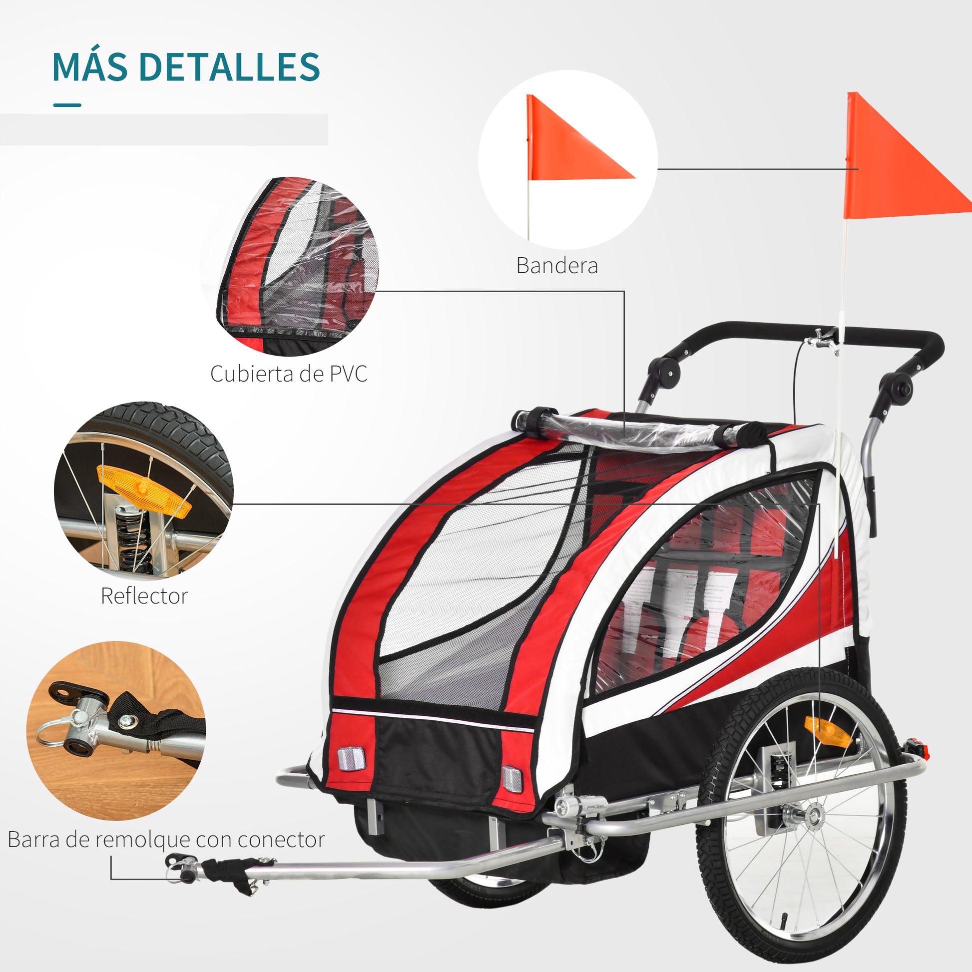 2 em 1 Reboque de Bicicleta Infantil de 2 Lugares Convertível em Carrinho de Passeio com Roda Dianteira Giratória a 360° Vermelho