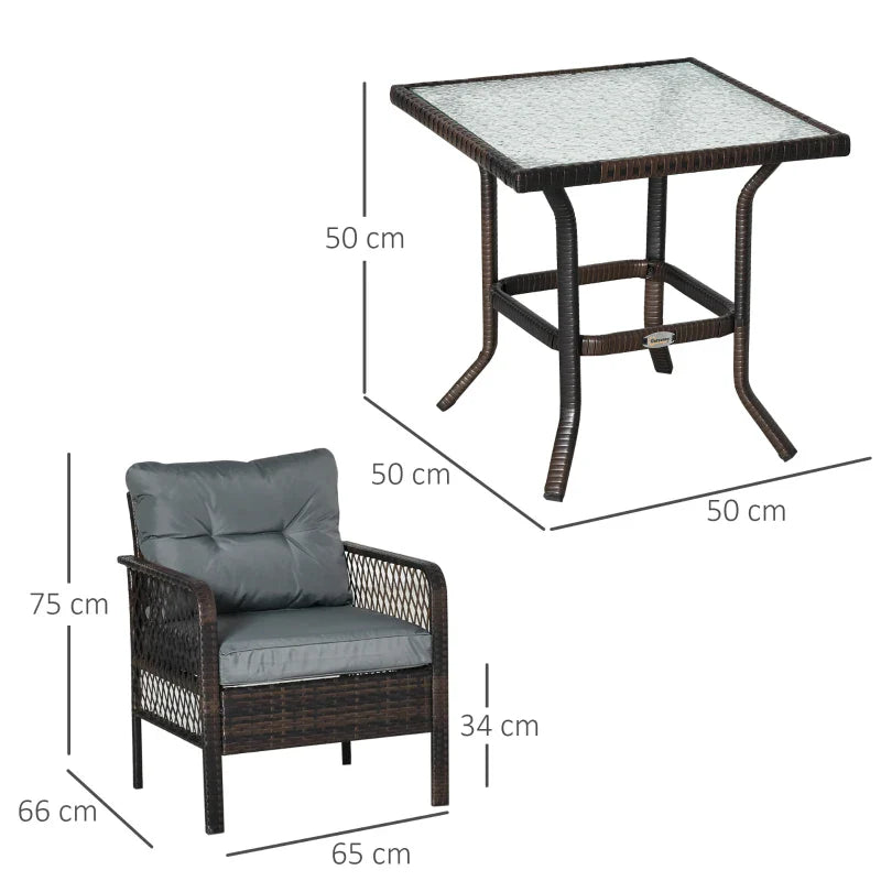 Conjunto Móveis de Vime 3 Peças de Jardim 2 Poltronas 65x66x75cm e 1 Mesa 50x50x50cm de Vidro Temperado com Almofadas Acolchoadas para Terraço Pátio Marrom