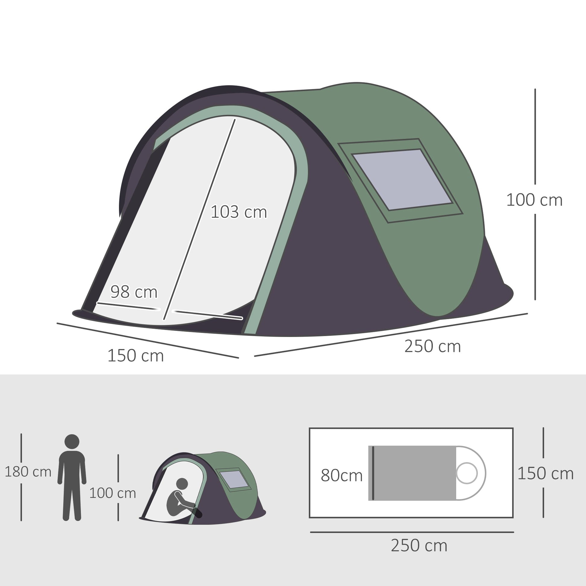 Tenda de Campismo Pop-Up para 2 Pessoas Tenda de Campismo com Bolsa de Armazenamento Portátil 250x150x100 Verde e Preto