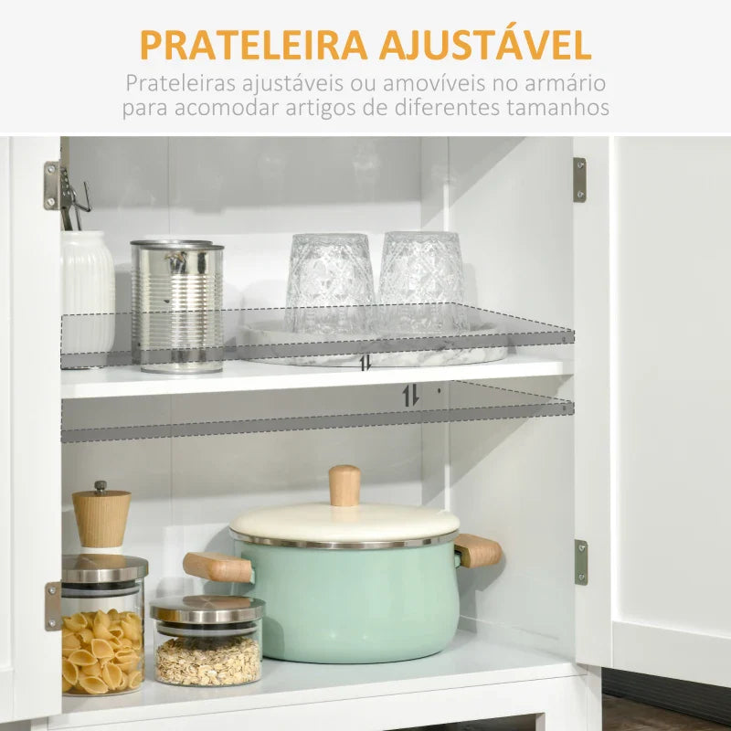Armário de Cozinha com 2 Portas de Vidro Temperado 2 Prateleiras Abertas e Armário com Prateleira Ajustável para Sala de Estar 60x30x162 cm Branco