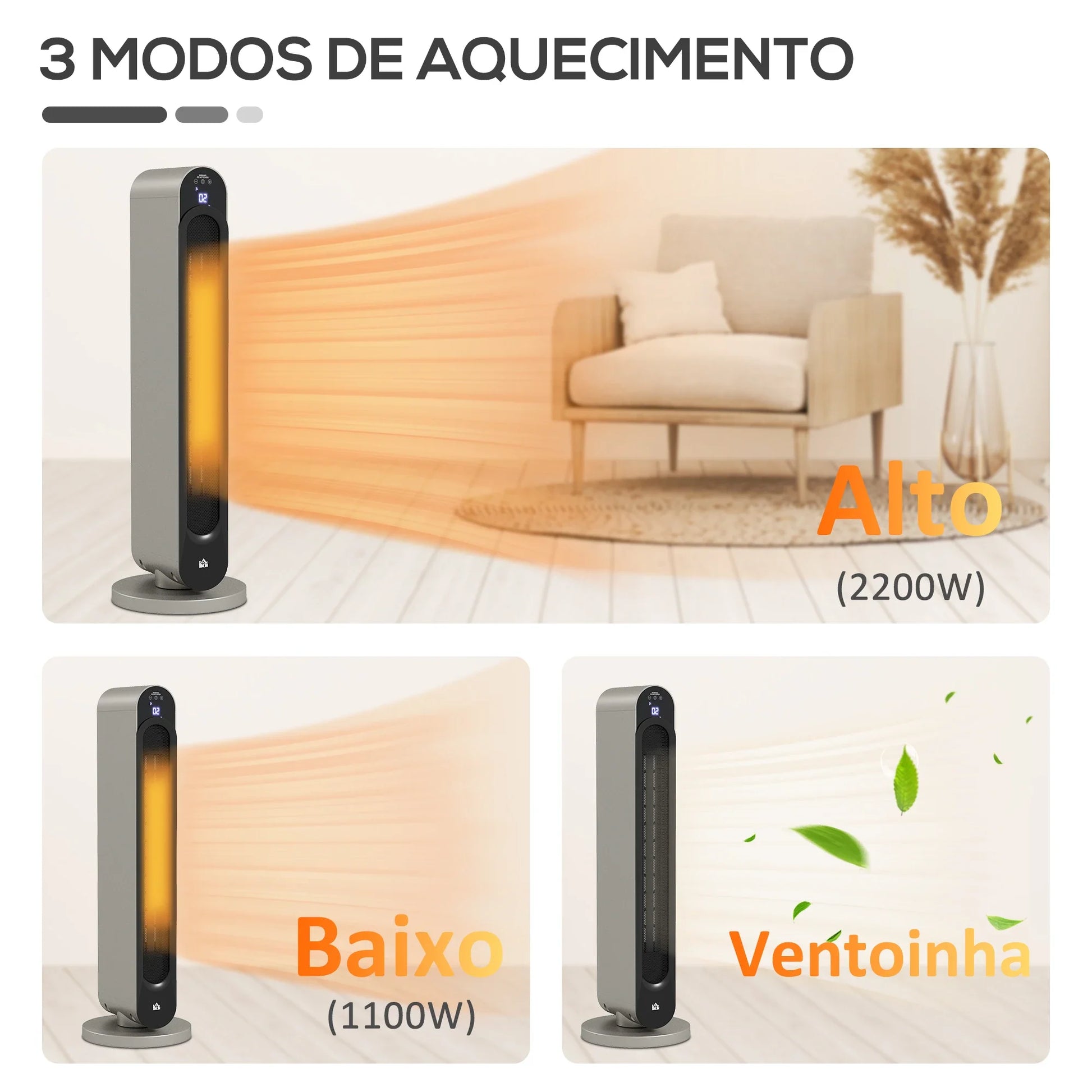Aquecedor Cerâmico de Torre 1100/2200W com Controlo Remoto Ecrã LED Temporizador de 12h Termostato 3 Modos e Oscilação para 20-25m² Ø25x73,5cm Prata e Preto