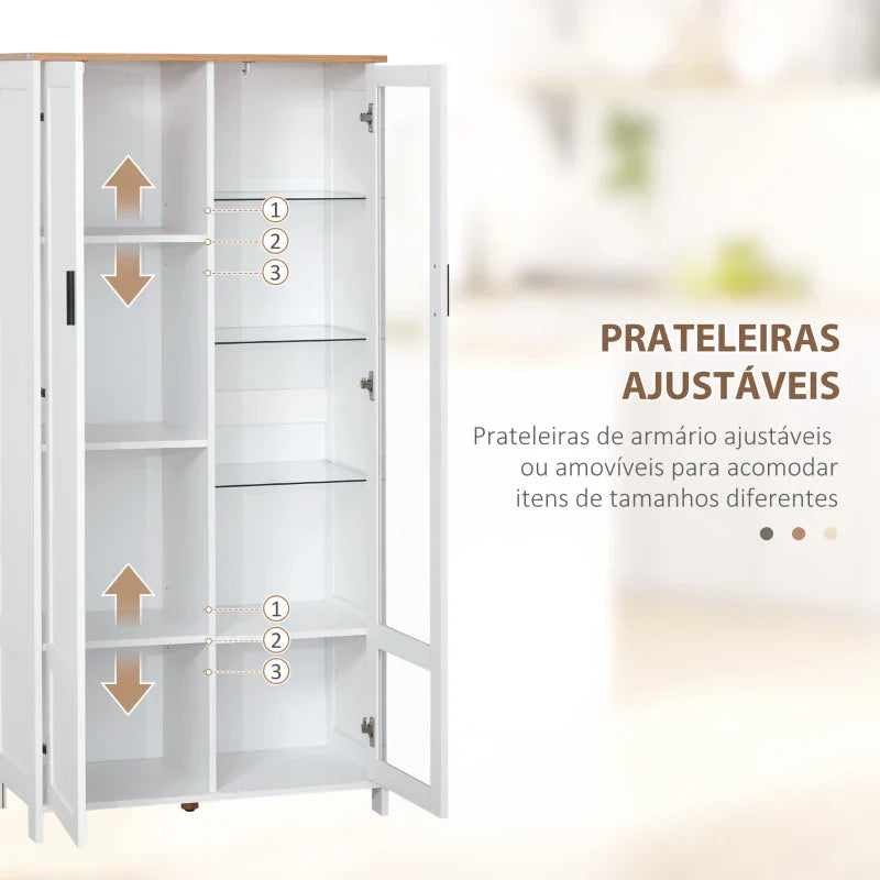 Armário de Cozinha Móvel Auxiliar de Cozinha com Porta de Vidro Prateleiras Ajustáveis e Pés Elevados para Sala de Estar Sala de Jantar 76x36x160 cm Branco