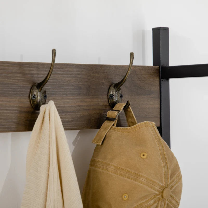 Móvel Cabide de Entrada com Sapateiro Móvel de Entrada com Banco 5 Ganchos Armário e Prateleira Aberta para Corredor Entrada 84x40x169cm Marrom Rústico