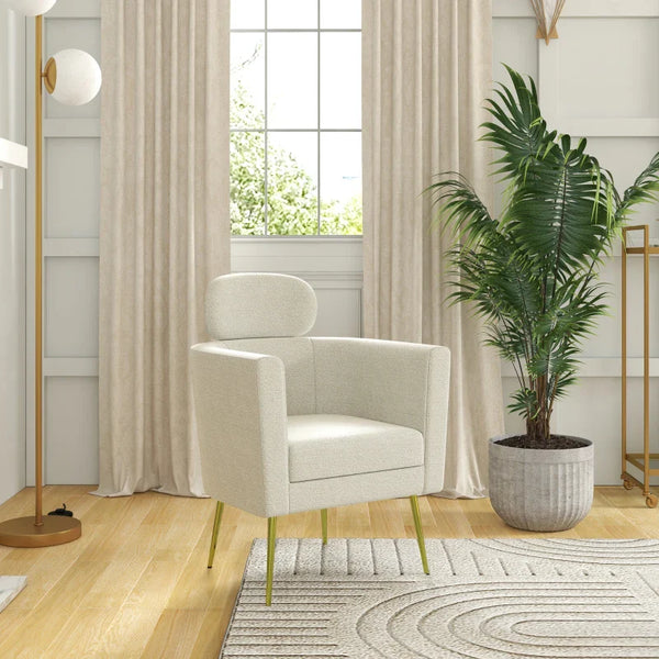 Poltrona Sala de Estar Individual Estofada com Apoio para a Cabeça e Pés de Metal para Dormitório Escritório Carga Máxima 125 kg 71x65x90 cm Creme