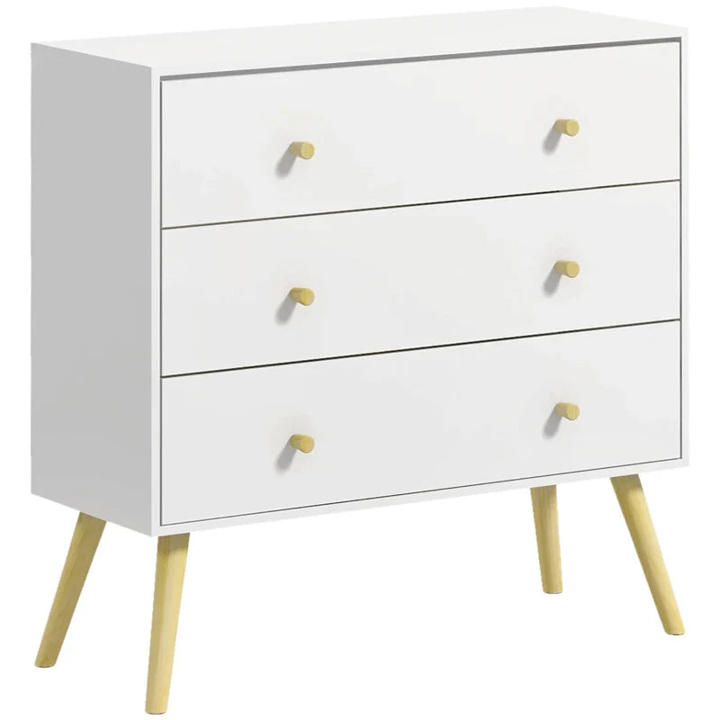 Cómoda com 3 Gavetas Cómoda de Dormitório com Pés de Madeira de Pinho para Sala de Estar Escritório Carga Máxima 70 kg 80x30x80 cm Branco e Madeira