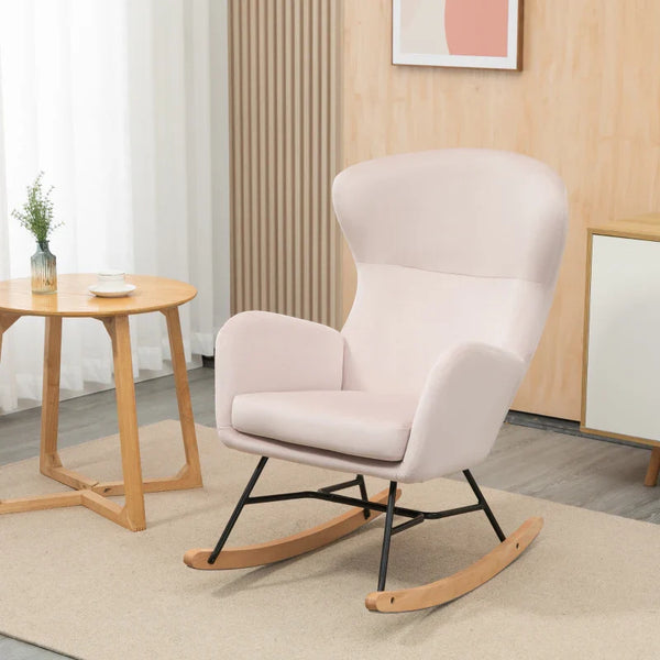 Poltrona Baloiço Estofada em Veludo Poltrona Baloiço Relax com Assento Acolchoado Apoio para os Braços e Pés de Madeira de Faia para Sala de Estar Dormitório 65x87x102cm Rosa