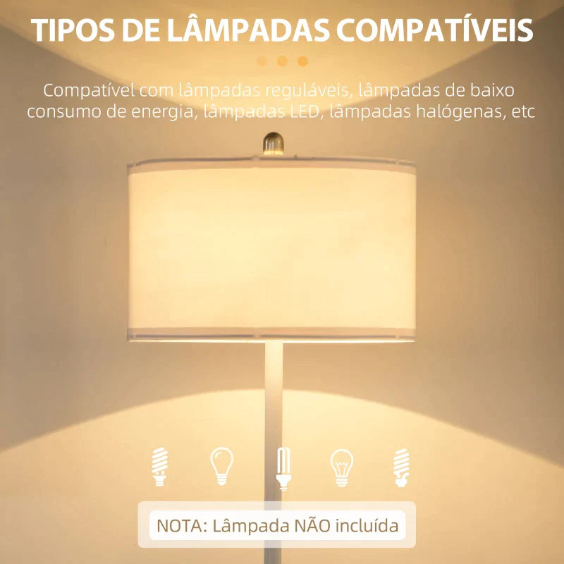 Candeeiro de Pé com Prateleiras Candeeiro de Pé Moderno Lâmpada E27 Máx. 40W com Ecrã de Linho e Interruptor de Pé para Sala de Estar Dormitório Habitação Ø40x163 cm Branco