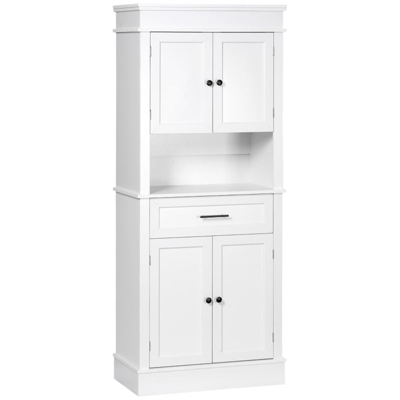 Armário de Cozinha Móvel Auxiliar de Cozinha com 4 Portas 1 Gaveta e Prateleira Aberta para Sala de Estar Sala de Jantar 74x39,5x183cm Branco