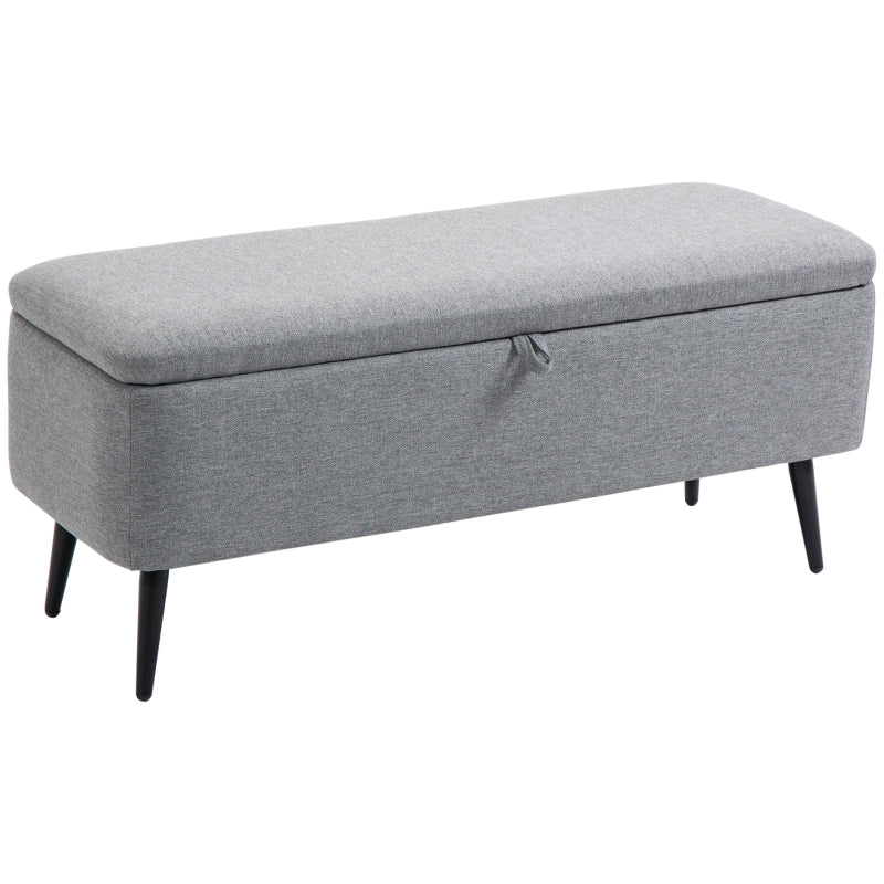 Banco de Armazenamento Estofado em Linho com Tampa Abatível e Pés de Aço para Dormitório Sala de Estar Entrada Carga Máxima 150kg 101x38,5x44,5 cm Cinza
