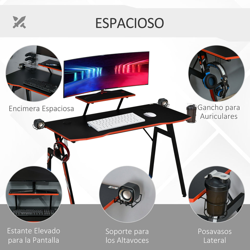 Mesa Gaming Ergonómica Secretária para Computador com Suporte para Monitor e Alto Falante Porta-Copos Gancho para Fones de Ouvido Fibra de Carbono 120x60x94,5 Preto
