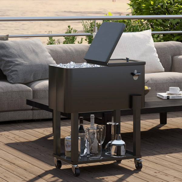 Carrinho Refrigerador de Bebidas de 56L Carrinho Refrigerador com Rodas Abridor de Garrafas e Prateleira para Pátio Festas Terraço Praia 67x35x80 cm Preto