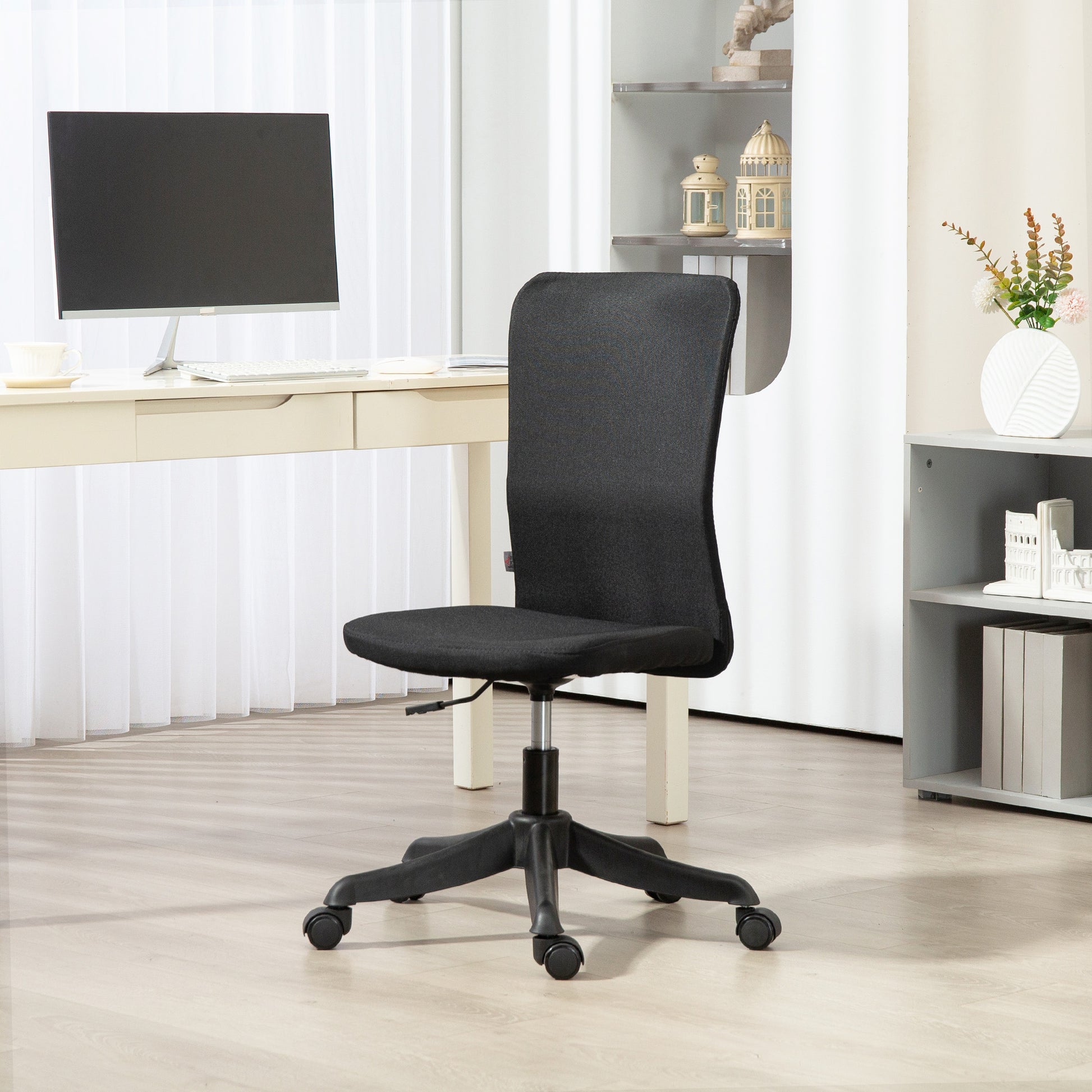 Cadeira de Escritório sem Apoio para os Braços Cadeira de Escritório Giratória Estofada em Linho Sintético com Altura Ajustável para Estudo Dormitório Tocador Carga 120 kg 53x43x85-93 cm Preto