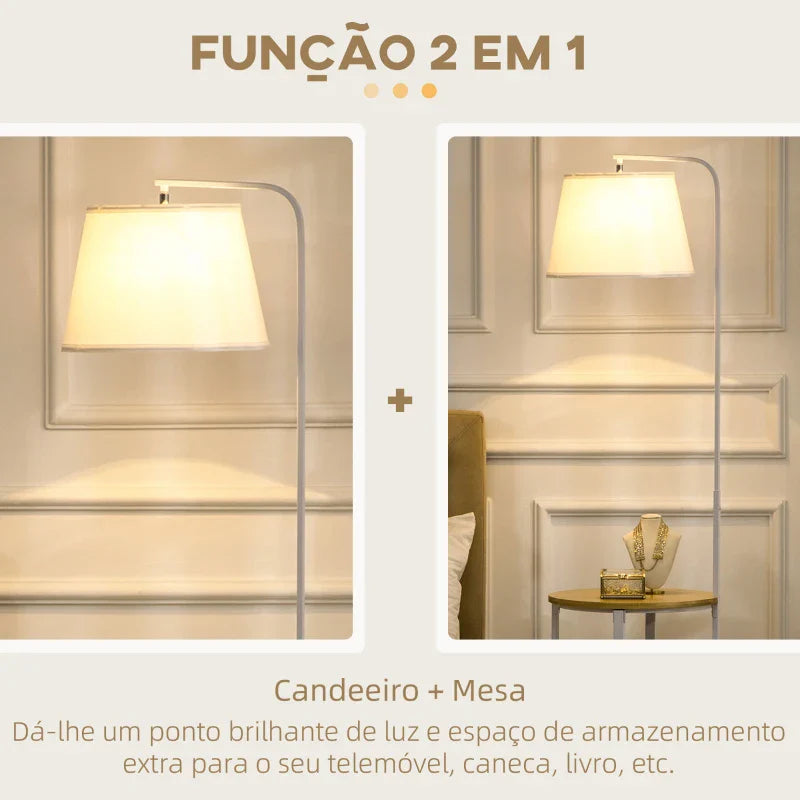 Candeeiro de Pé Moderno com Prateleira Candeeiro com Prateleira Suporte para Lâmpada E27 Máx. 40W com Ecrã de Linho Interruptor de Pé para Sala de Estar Dormitório Ø37x162cm Branco e Madeira