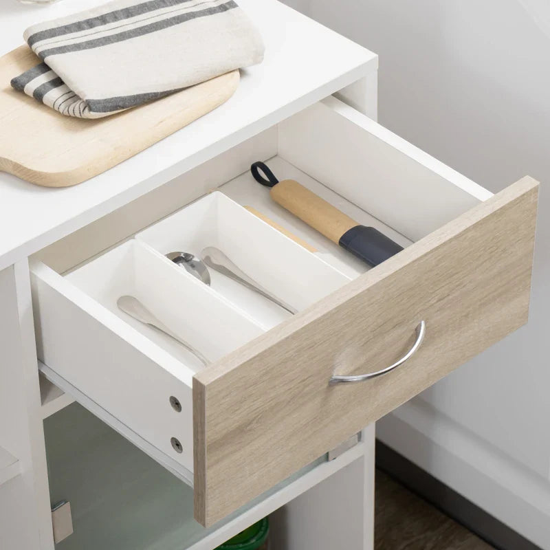 Carrinho de Cozinha com 1 Gaveta Porta de Vidro e Prateleiras Abertas Carrinho de Cozinha Auxiliar com Rodas para Sala de Estar Casa de Banho 65x39x80cm Madeira e Branco