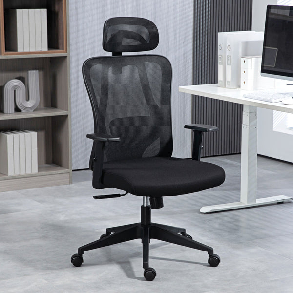 Cadeira de Escritório com Apoio para os Braços 2D Cadeira de Escritório com Altura Ajustável Apoio para a Cabeça Suporte Lombar Alto 67x64x117-127cm Preto