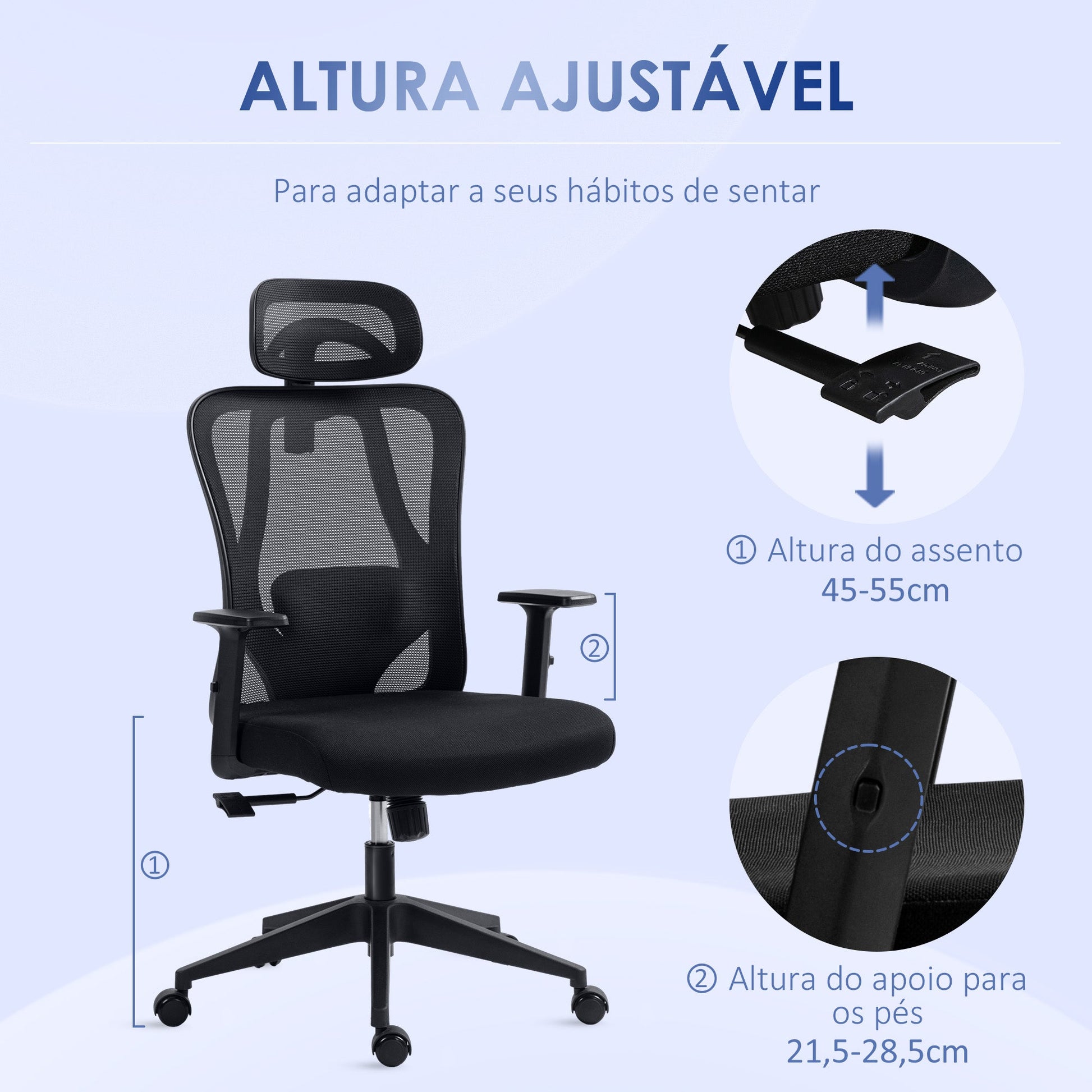 Cadeira de Escritório com Apoio para os Braços 2D Cadeira de Escritório com Altura Ajustável Apoio para a Cabeça Suporte Lombar Alto 67x64x117-127cm Preto