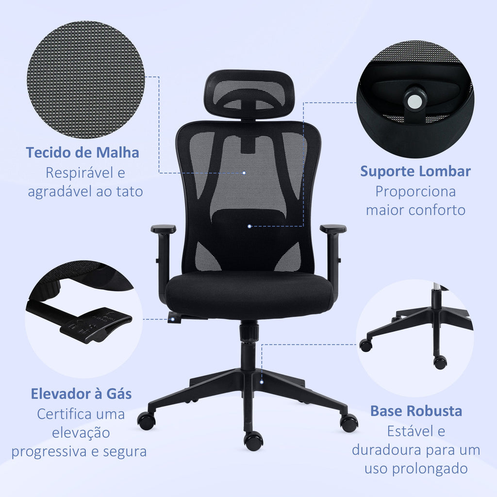 Cadeira de Escritório com Apoio para os Braços 2D Cadeira de Escritório com Altura Ajustável Apoio para a Cabeça Suporte Lombar Alto 67x64x117-127cm Preto