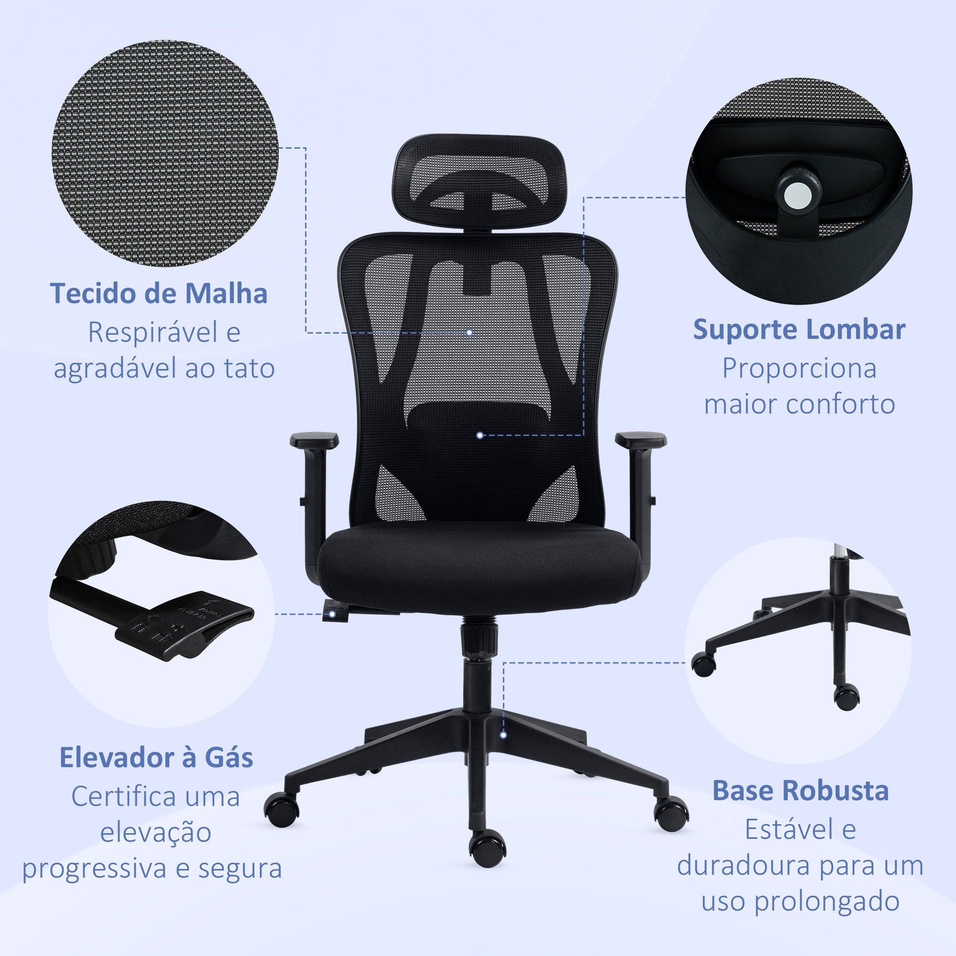 Cadeira de Escritório com Apoio para os Braços 2D Cadeira de Escritório com Altura Ajustável Apoio para a Cabeça Suporte Lombar Alto 67x64x117-127cm Preto