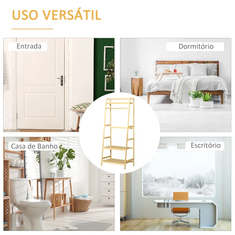 Suporte para Cabides de Bambu Cabideiro com Prateleira de 3 Níveis com Barra e Cabide Lateral para Roupas Bolsas 70x42x164cm Madeira